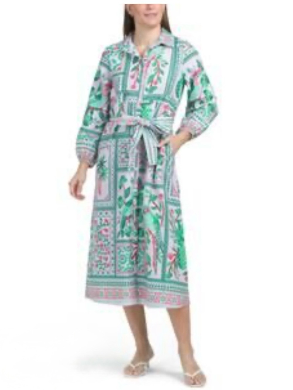 CELINA MOON Green and Pink Patterned Midi Dress